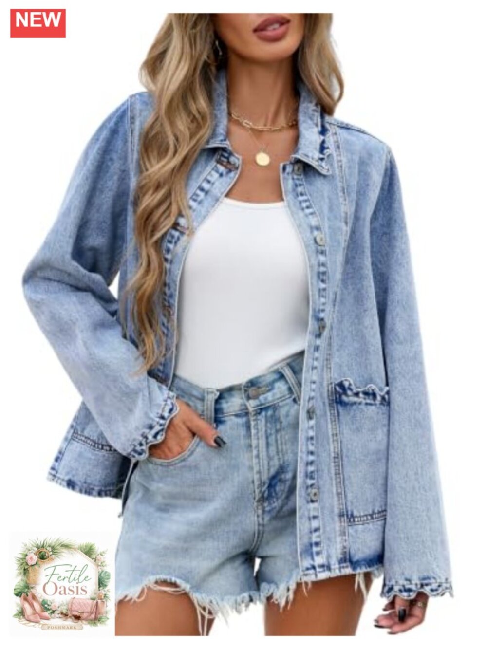 Oversized Denim Jacket Mid Long Casual Button Shacket Boyfriend Fit